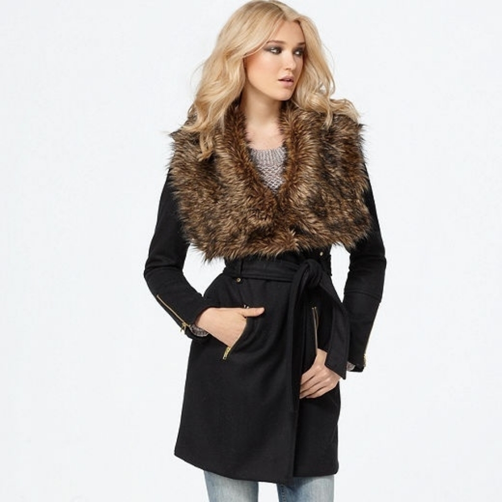 Womens Faux Fur Collar Wrap Coat